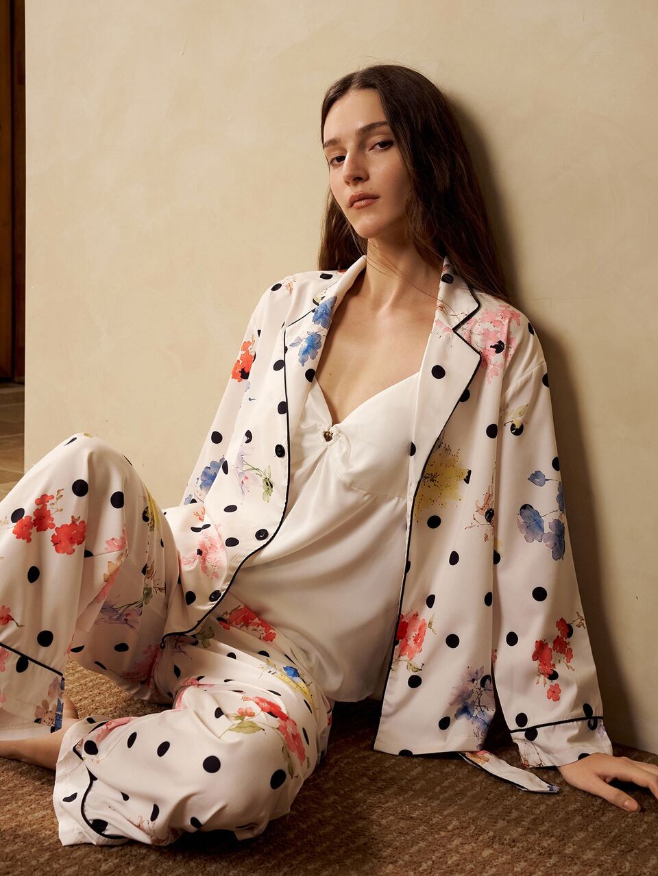 MOTF WOMEN'S POLKA DOT & FLORAL PRINT CONTRAST PIPING PAJAMA SET