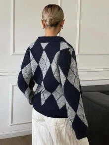 DAZY Women's Autumn Loose Fit Long Sleeve Argyle Pattern Navy & Grey Contrast Color Vintage Style Cardigan Sweater - Royal Blue - View 2