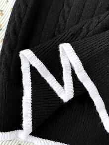 SHEIN 青少年女孩極簡純色V領長袖套頭毛衣，休閒日常穿著，秋冬長袖上衣，學院風V領長袖毛衣，復古V領毛衣，返校穿搭 - 黑色 - 查看 8