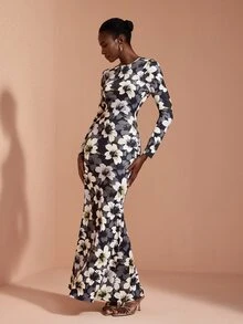 JIAN LASALA Gaun Panjang Motif Bunga Lengan Panjang Leher Bulat Belahan Belakang V Dalam Gaun Liburan Elegan - MultiWarna - View 5