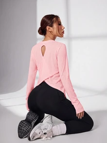 SHEIN Sovereign Charm 女款純色後背交叉設計長袖運動T恤 - 粉色 - 查看 8