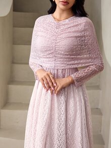 Veilorie Gaun Renda Elegan Lengan Panjang Berlipit untuk Wanita - Berwarna merah muda - View 4
