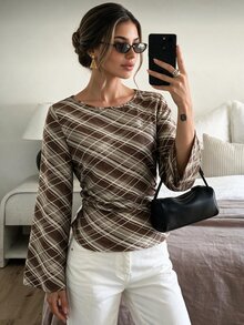 Selianne Vintage Brown Plaid Textured Long Sleeve Cinched Waist Ruffle Hem Slimming Flare Sleeve Commuter Casual Blouse - Multicolor - View 3