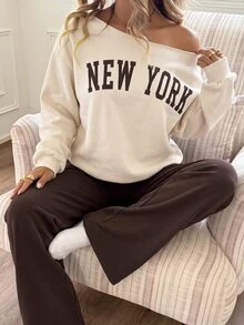 SHEIN 青少年女孩露肩字母印花運動衫、喇叭長褲套裝，秋季穿搭，自由，冬季 - 彩色 - 查看 6