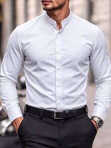 Manfinity Bizformal 休閒商務男士立領紋理斜紋白色長袖襯衫 - 白色 - 查看 3