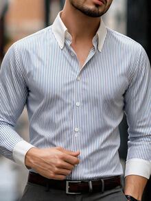 Manfinity Dauomo Men's Striped Long Sleeve Single-Breasted Casual Commute Shirt - Blue and White - View 4