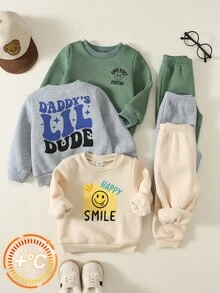 SHEIN 男女嬰兒 3套組 秋冬保暖內裡加厚可愛運動衫套裝，男嬰冬季套裝，運動服，街頭風 - 彩色 - 查看 1