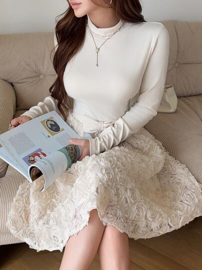 Feyla Vestido elegante de senhora com gola alta, manga comprida e decoração floral 3D