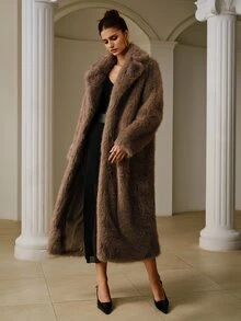 ZEYLAH Faux Fur Oversized Lapel Long Shaggy Coat - Light Grey - View 5