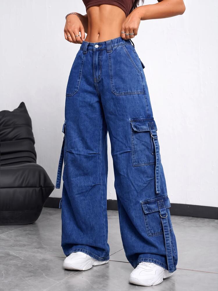 SHEIN EZwear Women's Casual Washed Wide Leg Cargo Jeans - Blue - View 3