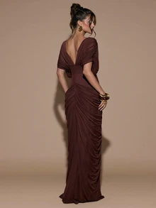 SHEIN BAE Gaun Musim Gugur Musim Dingin Cokelat Leher V Dalam Lengan Mengembang Berkerut Belahan Ramping untuk Pesta Makan Malam Thanksgiving - Purple - View 2