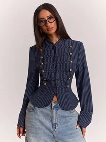 SHEIN BAE 時尚設計打結鈕扣裝飾休閒通勤長袖夾克 - 藏蓝色 - 查看 6