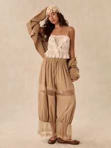 Easelle Vintage Bohemian Lace Patchwork Ruffle Camisole Tank Top For Women - Apricot - View 5