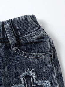 SHEIN 女嬰幼女小女孩 2025 秋冬新款寬腿牛仔褲，可愛愛心刺繡直筒牛仔褲，復古做舊黑色，刺繡愛心圖案，鬆緊腰設計，舒適純棉，適合上學/通勤 - 中等水洗藍 - 查看 5