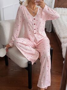 CottageSlumber PINK Heart Print Ribbed Knit Contrast Lace Cardigan Casual Women's Pajama Set - Pink - View 6