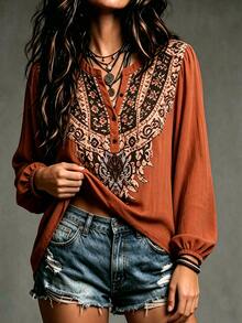 SHEIN Holidaya Fall Shirts Outdoor Tops Country Style Napoleon Mexican Women's Casual Boho Rust Vacation - Orange - View 4