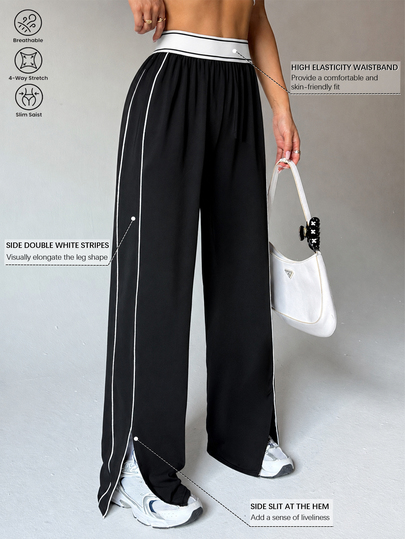 Dewbera Dewbera Women's Autumn/Winter Loose Fit Slimming Leg-Lengthening Sports Pants With Pockets, Colorblock Striped Waistband, High Elasticity Straight Leg Wide Leg Pants With Split Hem, Suitable For Daily Casual, Running, Yoga, Gym, Tennis, Golf And More