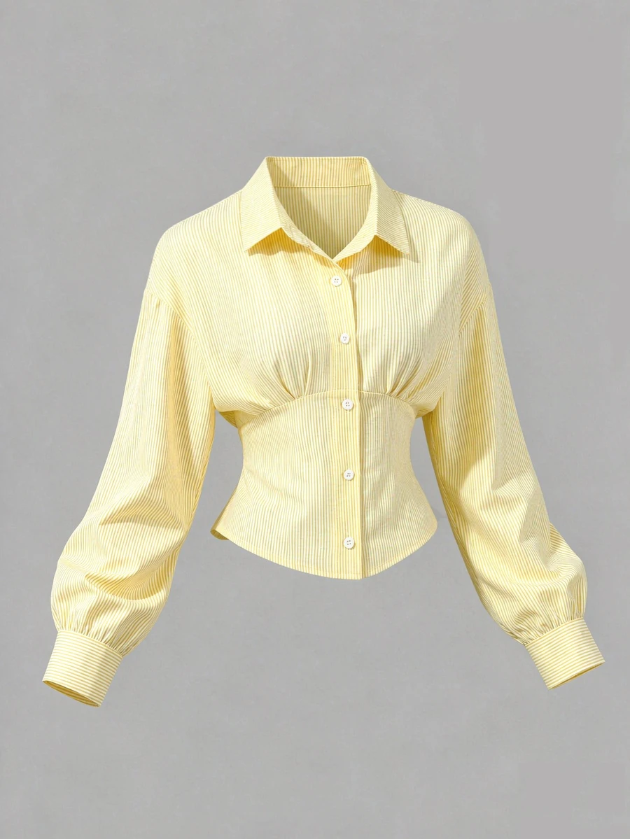 Sweetra Women's Yellow Casual Sweet Striped Collared Waist-Cinching Slim Fit Commute Long Sleeve Button-Down Blouse - Yellow - View 1