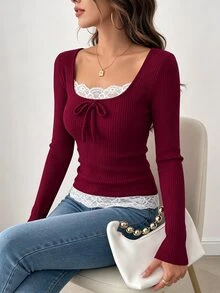 SHEIN Unity Women's Round Neck 2 In 1 Lace Patchwork Bow T-Shirt, Velour Ribbed, Autumn/Winter Fall Cloth - Burgundy - View 7