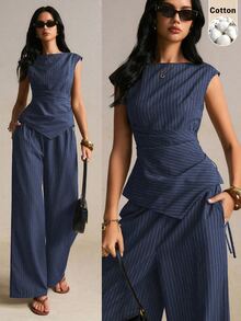 Poéselle Women's Striped Asymmetrical Hem Shirt And Wide Leg Pants Casual 2 Pieces Set - Navy Blue - View 6