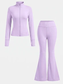 SHEIN Girlism 青少年女孩 2件套 立領拉鍊純色長袖上衣與長褲休閒運動時尚套裝 - 淡紫色 - 查看 12