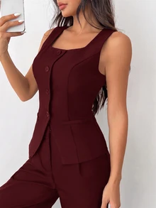 SHEIN EZwear 女款純色寬肩帶前扣無袖簡約休閒西裝外套 秋冬款 - 酒紅色 - 查看 3