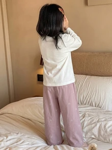 DAZY 女童蝴蝶結印花長袖上衣與長褲居家服 - 淺粉色 - 查看 4