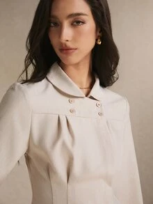 Poéselle Women's Solid Color Double-Breasted Long Sleeve Waist-Cinching Blouse - Apricot - View 4