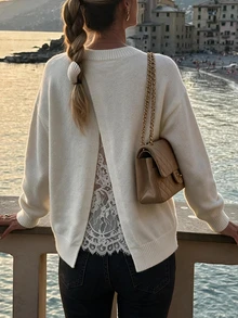 SHEIN Elenzya Elegant Round Neck Long Sleeve Back Slit Niche Design Women's Sweater - White - View 7