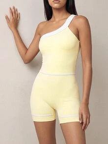 SHEIN BAE 女款拼色單肩無袖運動連身褲 - Butter Yellow - 查看 6