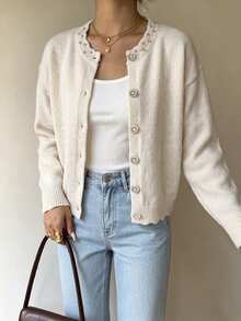 SHEIN Women's French Elegant Mature Style Rhinestone Decorated Lace Trim Rhinestone Button Round Neck Knit Cardigan, Versatile For Commuting And Outings - Apricot - View 3
