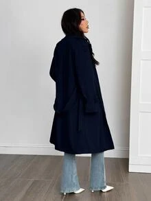 SHEIN PETITE 女款休閒雙排扣風衣外套，秋冬款 - 寶藍色 - 查看 2