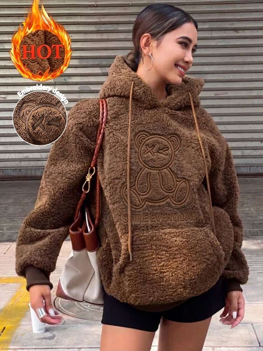 Franclia Women's Cartoon Pattern Thermal Lined Casual Daily Long Sleeve Sweatshirt - Brown - View 1