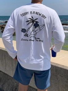 DAZY 春秋款長袖海灘衝浪印花白色韓系男士T恤 - 白色 - 查看 5