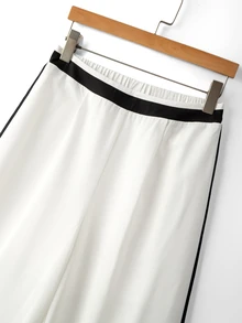 SHEIN Women's Lapel Contrast Trim Tie Long Sleeve Top + Wide Leg Pants 2pcs Set - Black and White - View 9