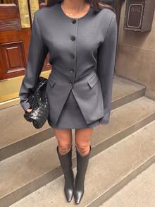 Avenya 2pcs Minimalist Round Neck Button-Up Tie Blazer & Low Waist Skirt - Grey - View 1