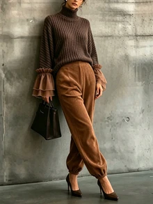SHEIN Set 2 Potong Maillard: Atasan Rajut Leher Tinggi dengan Patchwork dan Ruffle Satin Cuff + Celana Jogger Corduroy Warna Caramel - Coklat - View 3