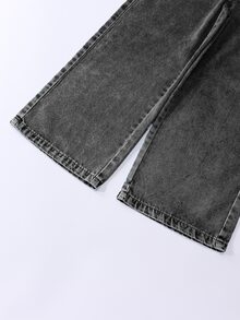SHEIN 少女牛仔寬腿褲，春夏新品，休閒波希米亞風節慶平腰口袋寬腿牛仔褲，日常OOTD必備，淺洗黑牛仔色，春夏度假，彈性腰帶設計，寬鬆直筒寬腿版型，舒適棉質牛仔面料，百搭T恤，春夏度假，日常出遊，聚會，春夏牛仔度假出遊，棉質面料 - 黑色 - 查看 3