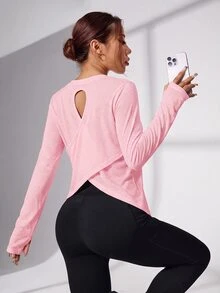SHEIN Sovereign Charm 女款純色後背交叉設計長袖運動T恤 - 粉色 - 查看 3
