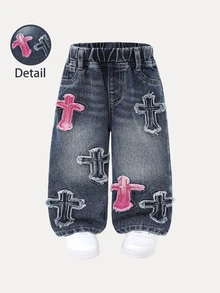 SHEIN 女嬰幼女小女孩 2025 秋冬新款寬腿牛仔褲，可愛愛心刺繡直筒牛仔褲，復古做舊黑色，刺繡愛心圖案，鬆緊腰設計，舒適純棉，適合上學/通勤 - 中等水洗藍 - 查看 3