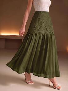Anewsta Women's New Water-Soluble Hollow Embroidery Patchwork Ruched Full Flare Fashion Elegant Versatile Half Skirt - Green - View 2