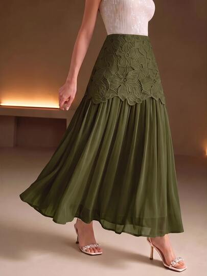 Anewsta Women's New Water-Soluble Hollow Embroidery Patchwork Ruched Full Flare Fashion Elegant Versatile Half Skirt