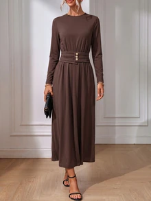 EMERY ROSE Gaun Panjang Wanita Gaya Prancis Elegan Sederhana Desain Mewah Kasual Bohemian untuk Liburan dan Perjalanan, Warna Polos - Coklat - View 4