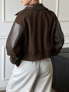 Livesso Jaket Fashion Kasual Longgar Warna-Blok Musim Gugur/Dingin - Coffee Brown - View 2