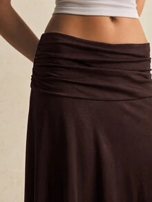 Poéselle Women's Elegant Solid Color Asymmetric Hem Skirt - Coffee Brown - View 4