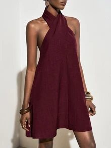 Zivah Women's Solid Color Criss-Cross Halter Neck Casual Mini Dress - Burgundy - View 6