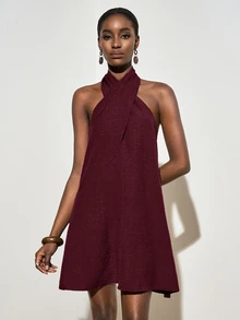 Zivah Women's Solid Color Criss-Cross Halter Neck Casual Mini Dress - Burgundy - View 5