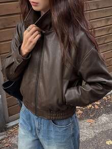 DAZY 春季新款做舊皮革短夾克 情人節女款休閒外套 - 棕色 - 查看 2