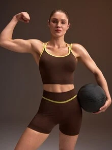 Powerista Women's Spring & Summer Seamless Brown Sports Bra And Ruched Cycling Shorts Set With Neon Yellow Straps And Waistband Detail Perfect For Yoga And Gym - Brown - View 6
