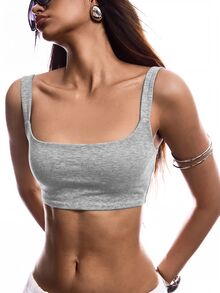 SHEIN EZwear 黑色緊身運動風純色短版細肩帶背心上衣 - 灰色 - 查看 1
